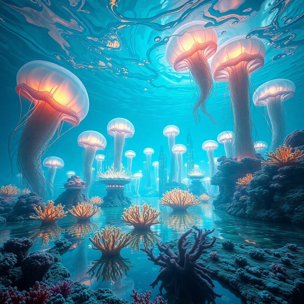 AI generated art for prompt: A surreal underwater scene featuring an abstract aquatic cityscape composed of swirling jellyfish-li