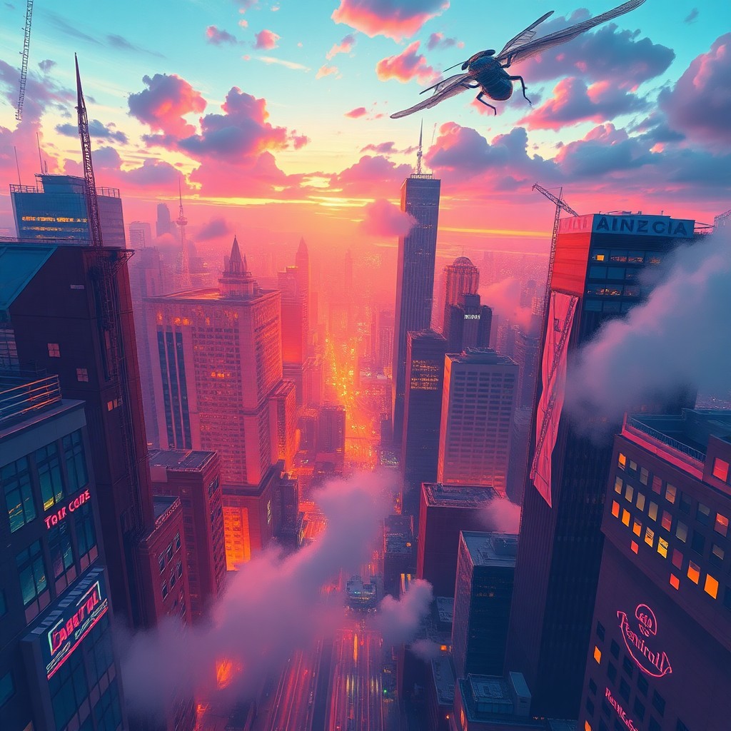 AI generated art for prompt: A vibrant digital art interpretation of a cityscape during twilight, observed from an aerial viewpoi