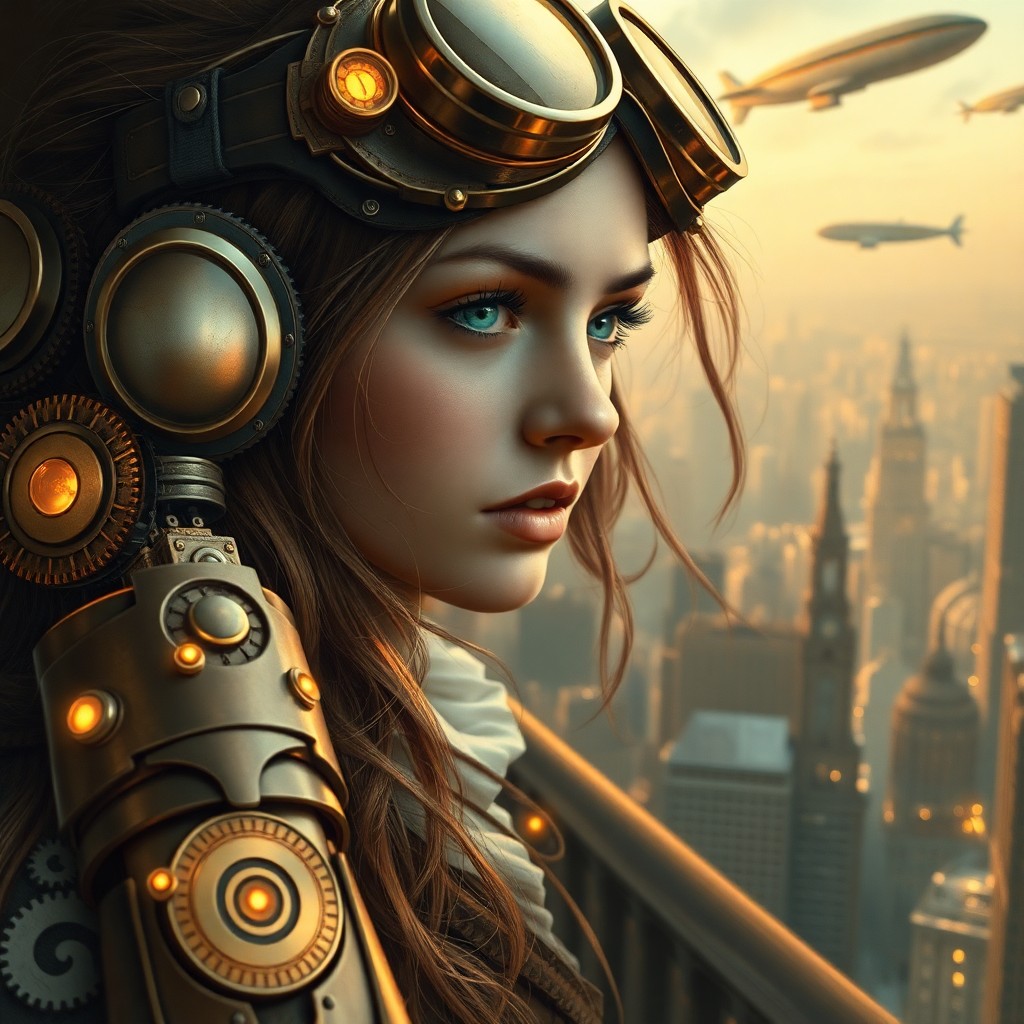 AI generated art for prompt: Imagine an intricate steampunk-inspired portrait in the style of an oil painting, capturing a charmi