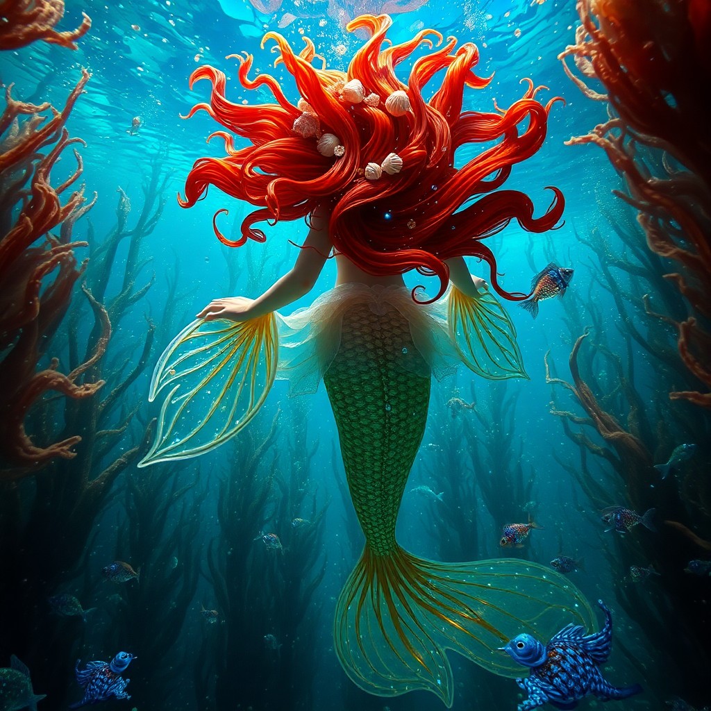 AI generated art for prompt: An enchanting underwater scene captures an ethereal mermaid with flowing tendrils of iridescent seas