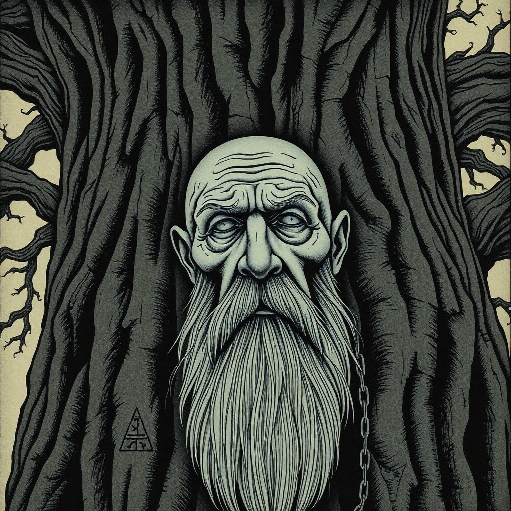 AI generated art for prompt: A portrait of an enigmatic wise elder is captured in the haunting style of Edward Gorey's intricate 