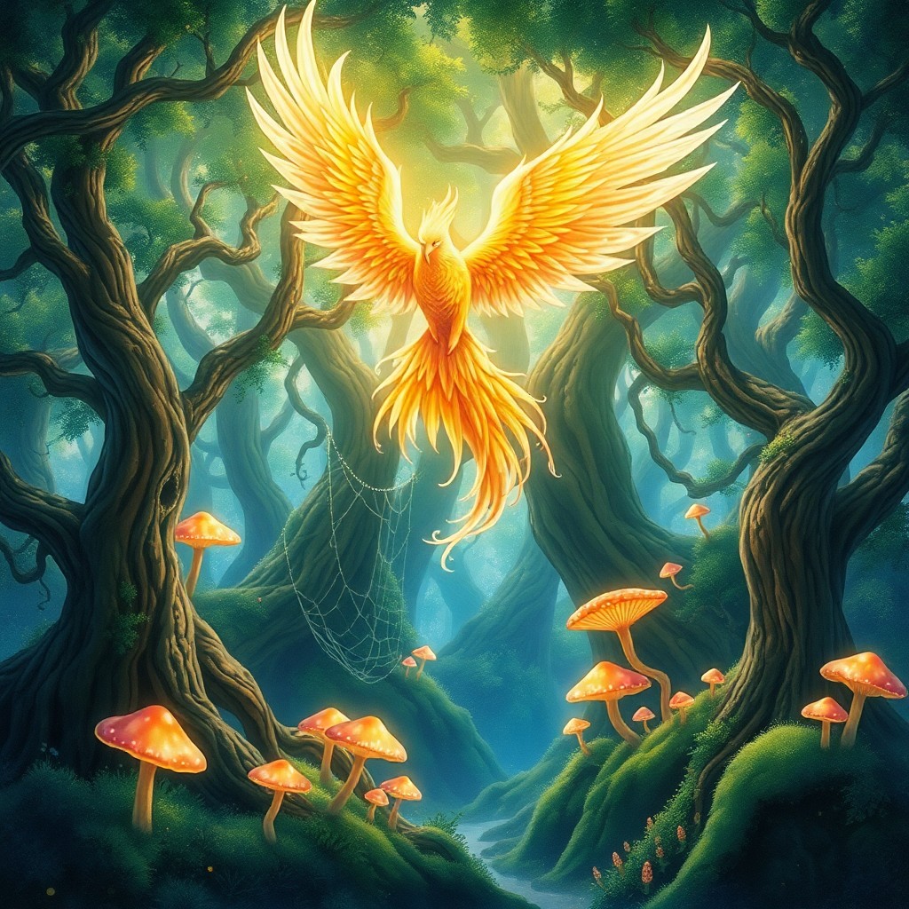 AI generated art for prompt: A magnificent phoenix ascends from an intricate, magical forest, its radiant wings bathing the vener