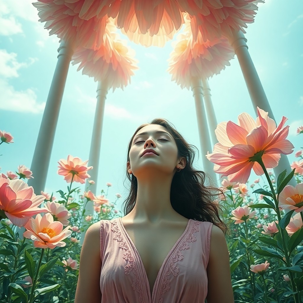 AI generated art for prompt: Create an enchanting surrealist scene where a serene female figure meditates amidst oversized blosso