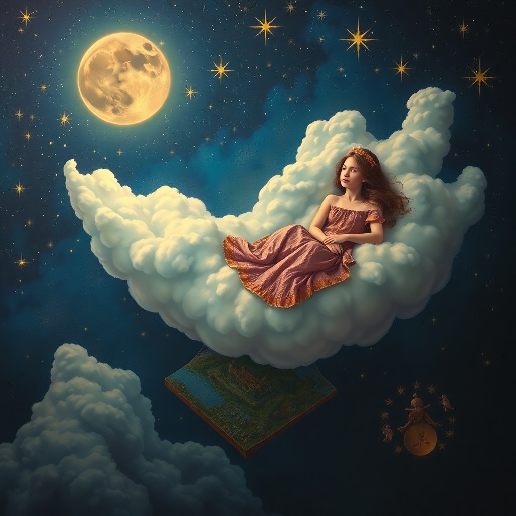 AI generated art for prompt: A surreal portrait depicts a young woman resting on a floating cloud, journeying through a celestial