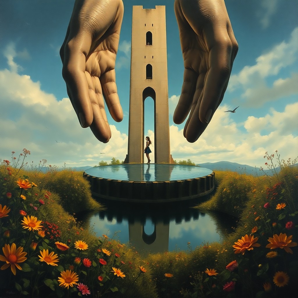 AI generated art for prompt: A surreal oil painting depicts an enchanting landscape, with an imposing tower floating above a sere