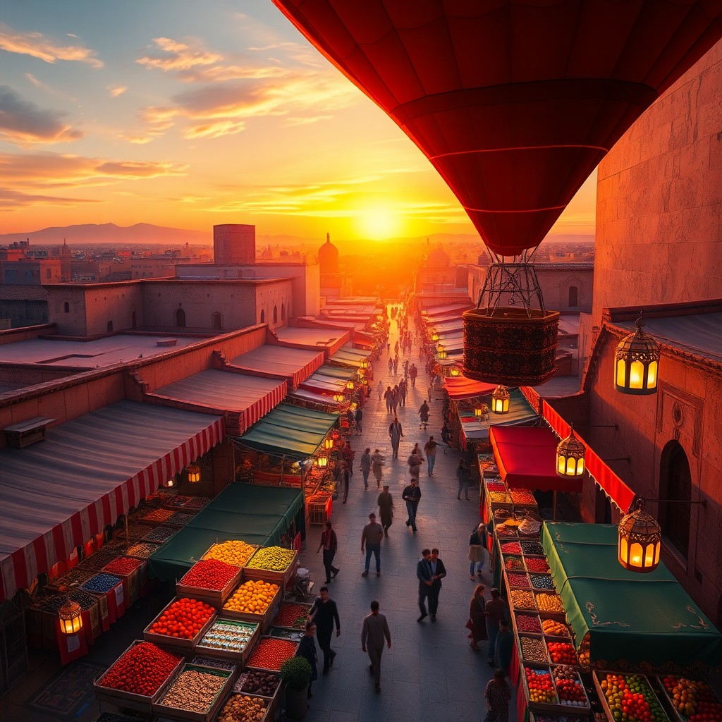 AI generated art for prompt: Envision an exhilarating digital art depiction of Marrakech's bustling marketplace at sunset from an