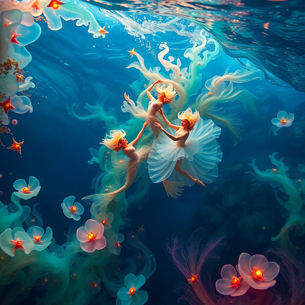 AI generated art for prompt: A surreal underwater ballet emerges in an enchanting style reminiscent of vibrant glass sculptures, 