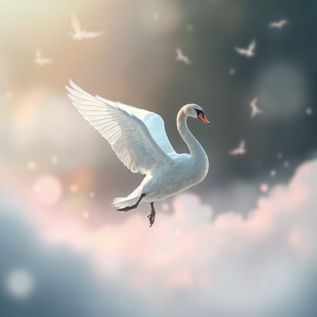 AI generated art for prompt: Craft an enigmatic dreamlike landscape where a resplendent white swan seems to float effortlessly in