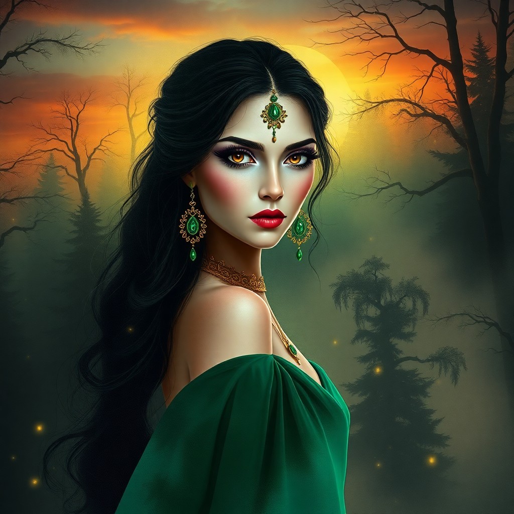 AI generated art for prompt: A captivating digital art composition featuring an enigmatic female figure with striking golden eyes