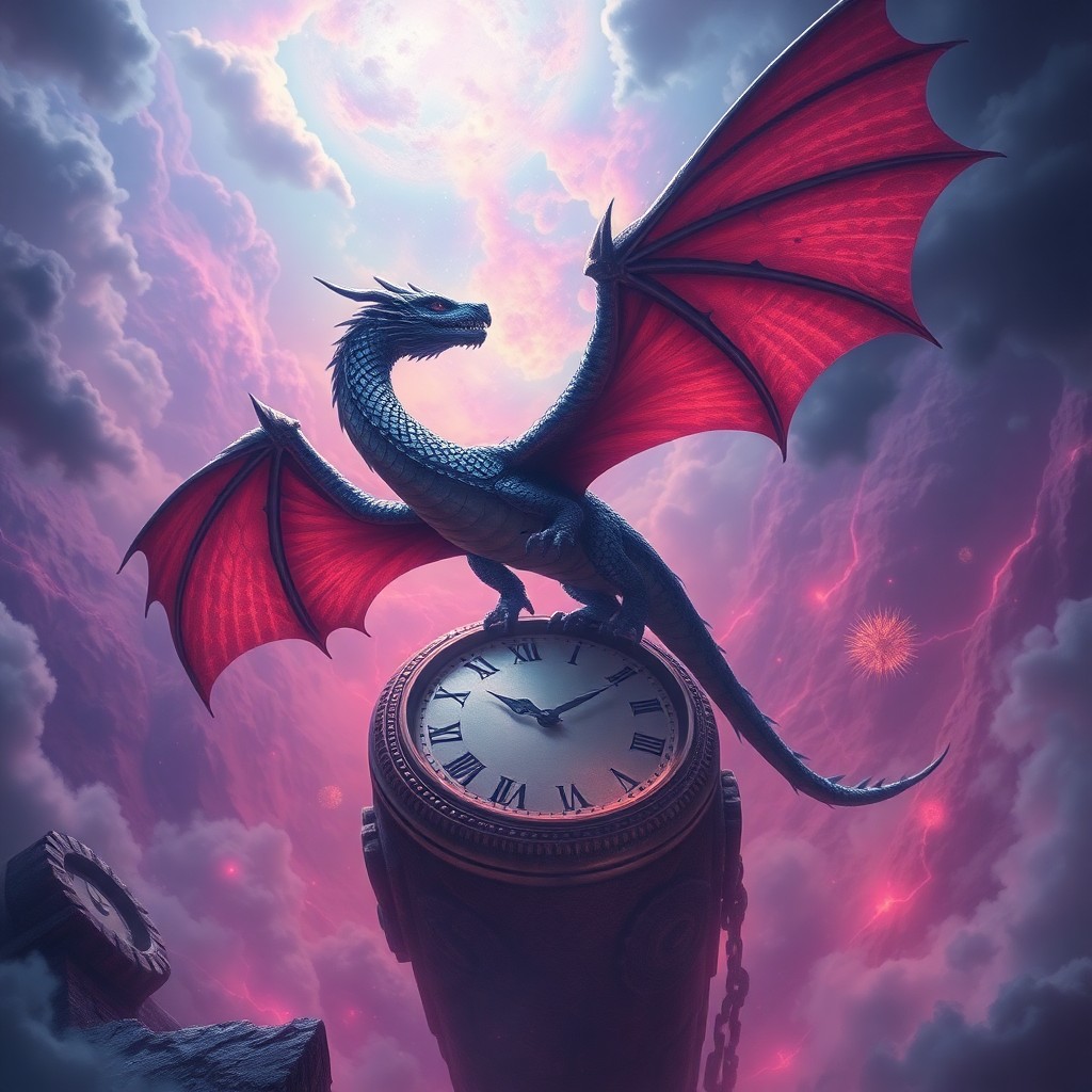 AI generated art for prompt: Craft an enchanting digital artwork in the surrealist vein, depicting a grand dragon flying over a d