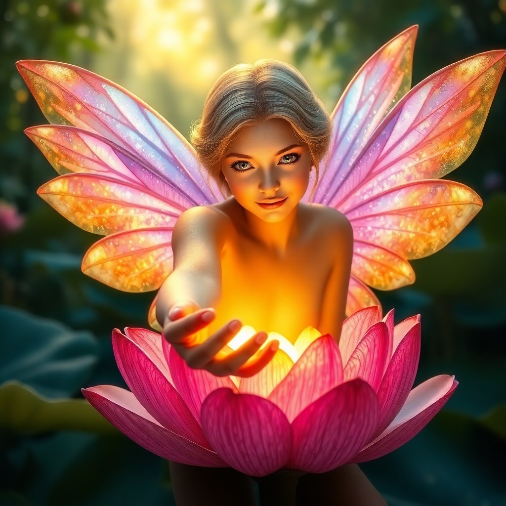 AI generated art for prompt: Craft an enchanting close-up portrait of a celestial fairy perched atop a vibrant, glowing lily pad.