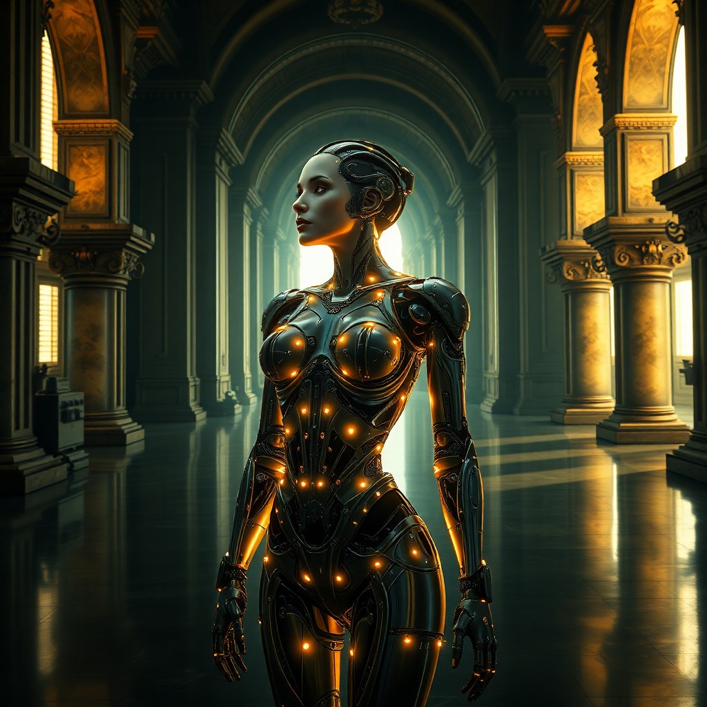 AI generated art for prompt: A captivating fusion of Renaissance opulence and futuristic flair depicts an alluring female android