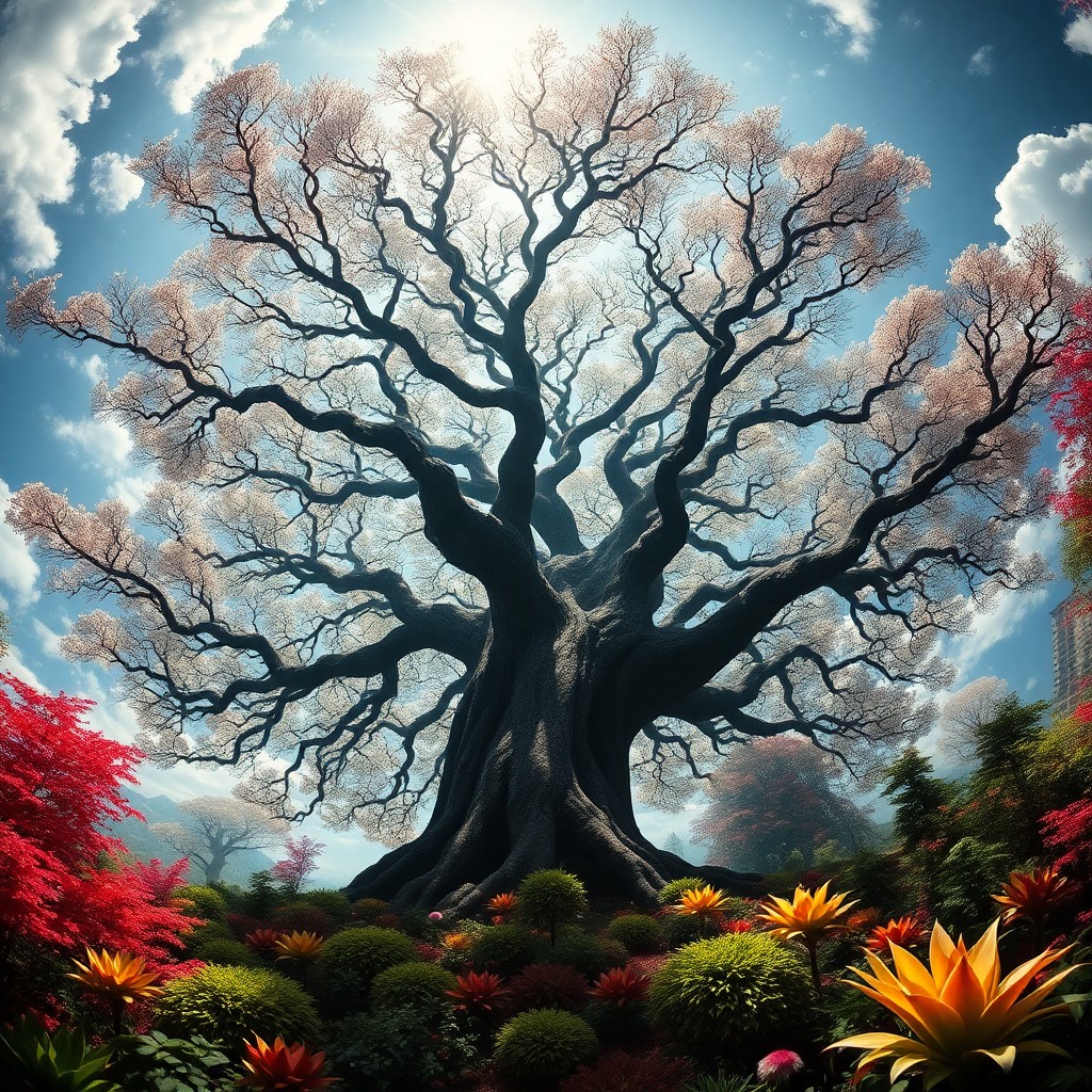 AI generated art for prompt: Imagine an extraordinary landscape infused with surrealism, featuring a majestic tree whose branches