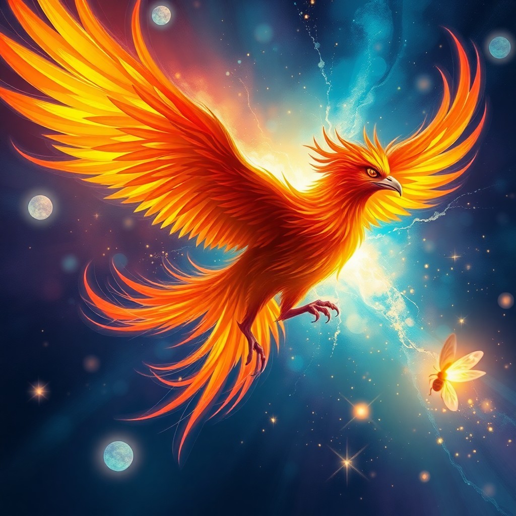 AI generated art for prompt: An awe-inspiring image captures a mythical phoenix soaring through an otherworldly display of celest