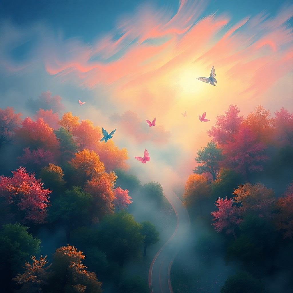 AI generated art for prompt: An aerial view over an enchanting forest at dusk reveals a captivating fusion of impressionism and f