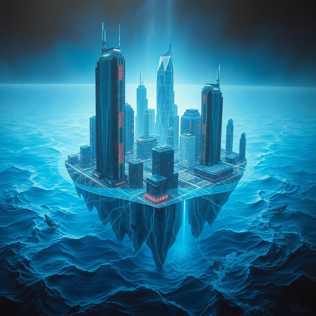 AI generated art for prompt: A surreal oil painting captures a futuristic cybernetic city rising from an expansive ocean. From ab