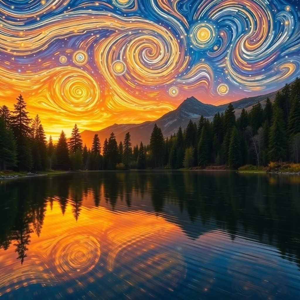 AI generated art for prompt: Imagine an enchanting mountain lake reflecting the warm colors of a sunset, reminiscent of Van Gogh'