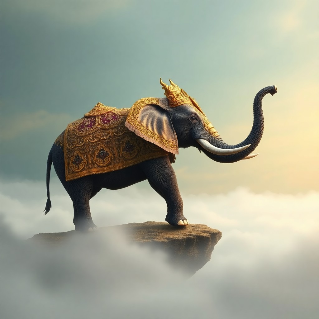 AI generated art for prompt: Imagine an enchanting dream landscape where a regal elephant, encrusted with ornate golden armor, st