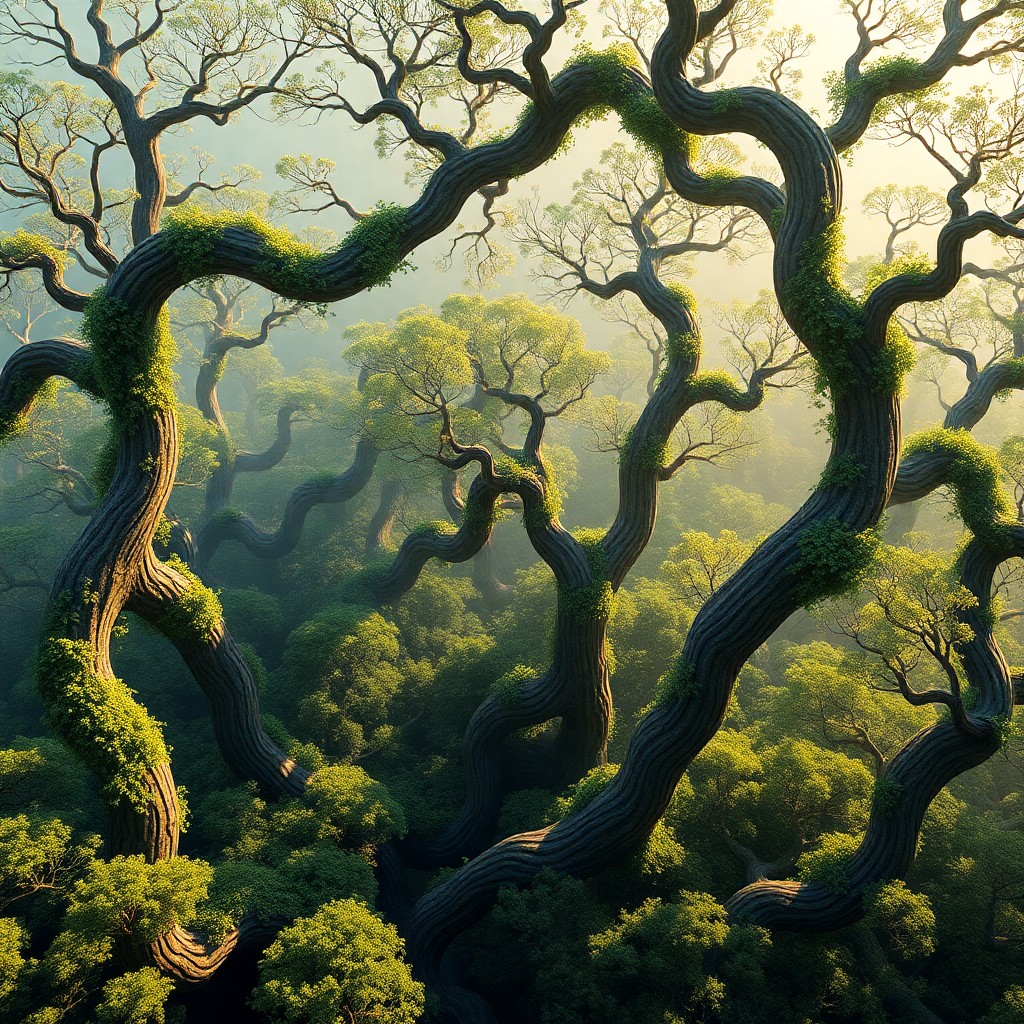 AI generated art for prompt: A digital artwork depicting surreal landscapes, showcasing an enchanting forest where trees metamorp