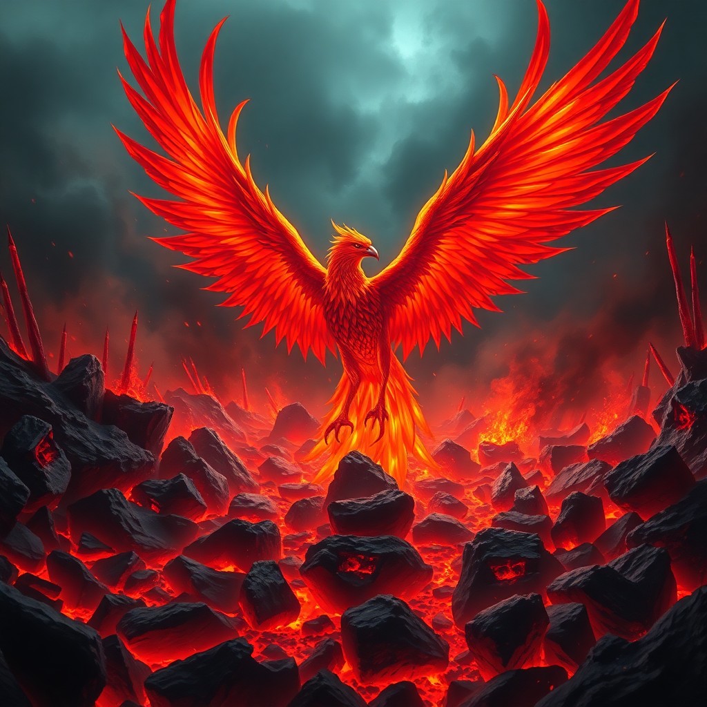 AI generated art for prompt: Craft an image depicting a mythical phoenix emerging from remnants in a fantastical volcanic terrain