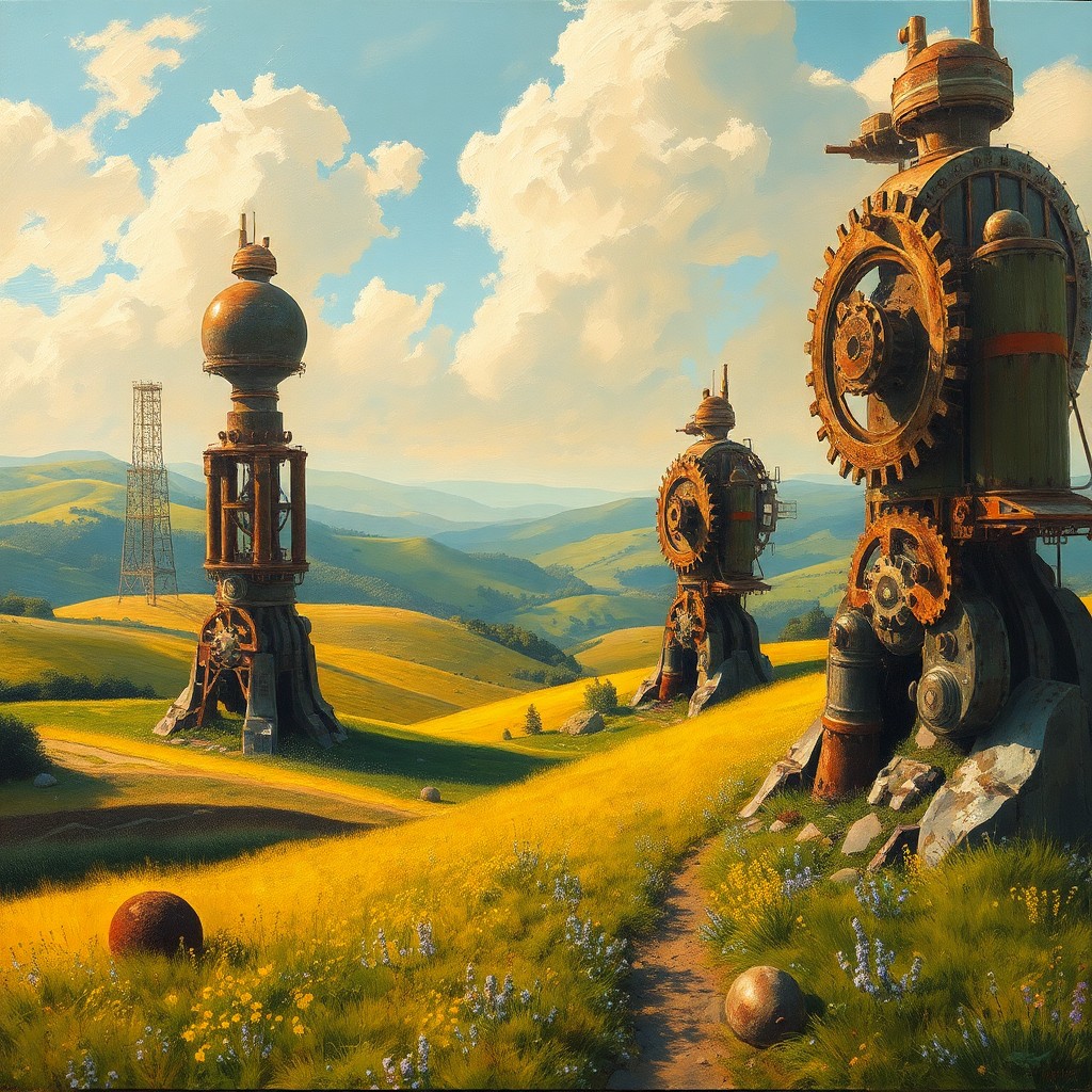 AI generated art for prompt: A surreal oil painting showcases an enchanting blend of impressionistic landscapes and steampunk-ins