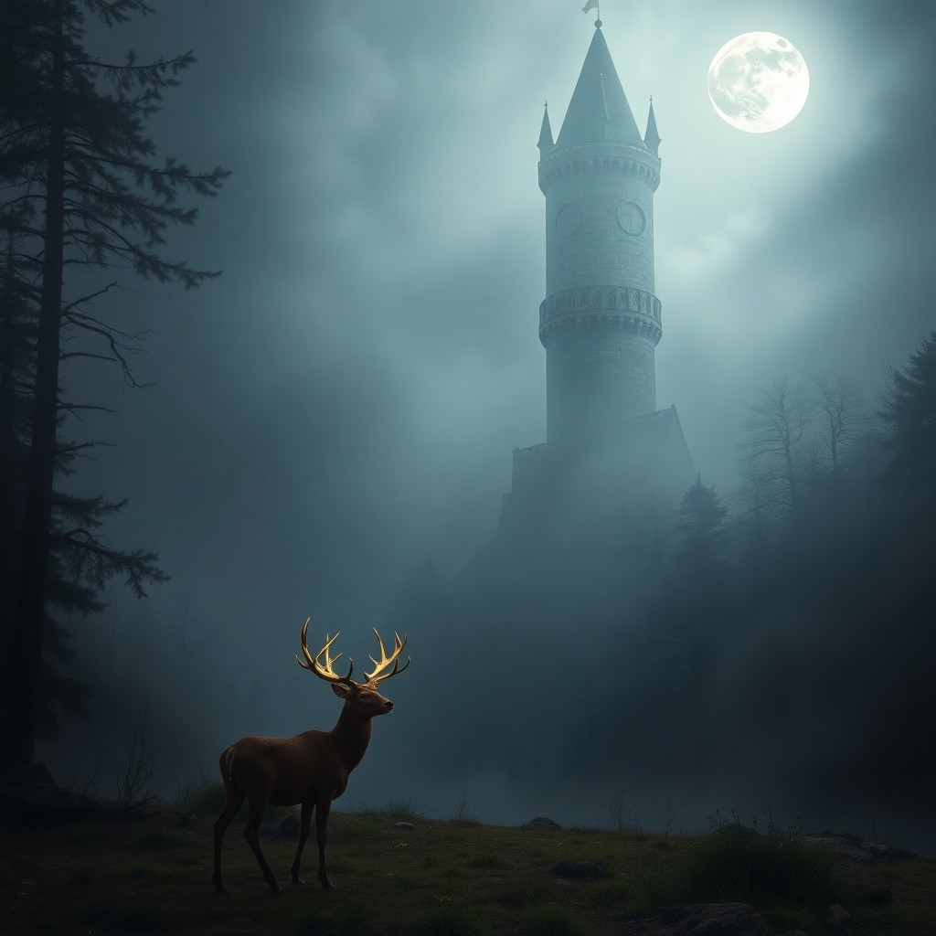 AI generated art for prompt: A surreal landscape unfolds with an ancient tower piercing through a foggy forest, its intricate det