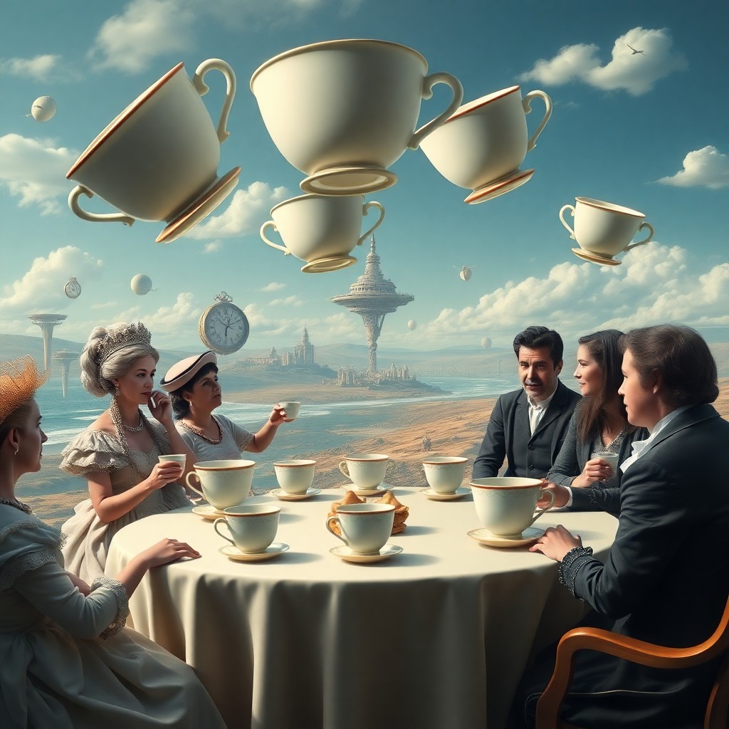 AI generated art for prompt: A surreal digital artwork depicting an enchanting tea party scene where oversized teacups hover in m