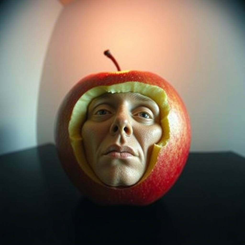 AI generated art for prompt: Craft an image in the vein of surrealist masterpieces, showcasing a life-sized apple with a human fa