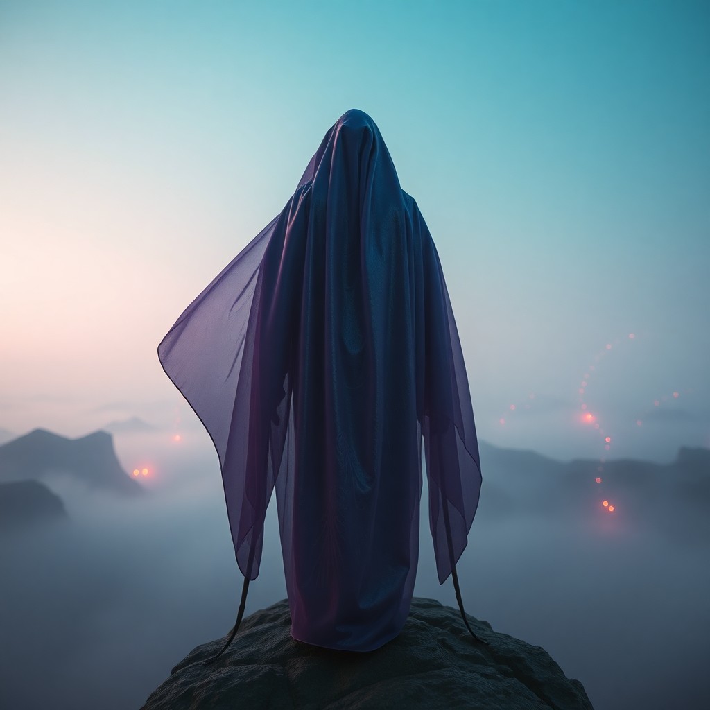 AI generated art for prompt: An enigmatic figure draped in an ethereal, iridescent garment stands at the precipice of a fog-shrou