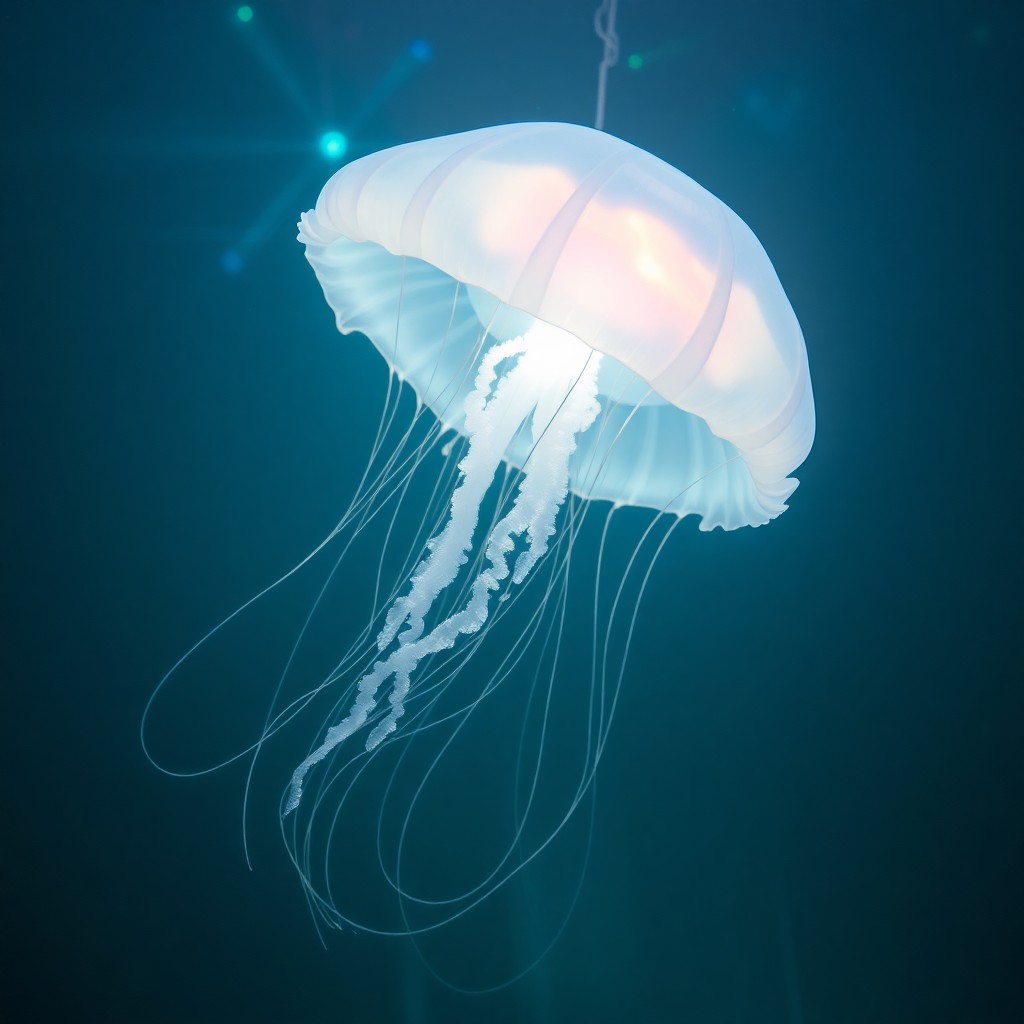 AI generated art for prompt: A captivating digital artwork portrays a luminescent jellyfish gracefully suspended in an enigmatic 