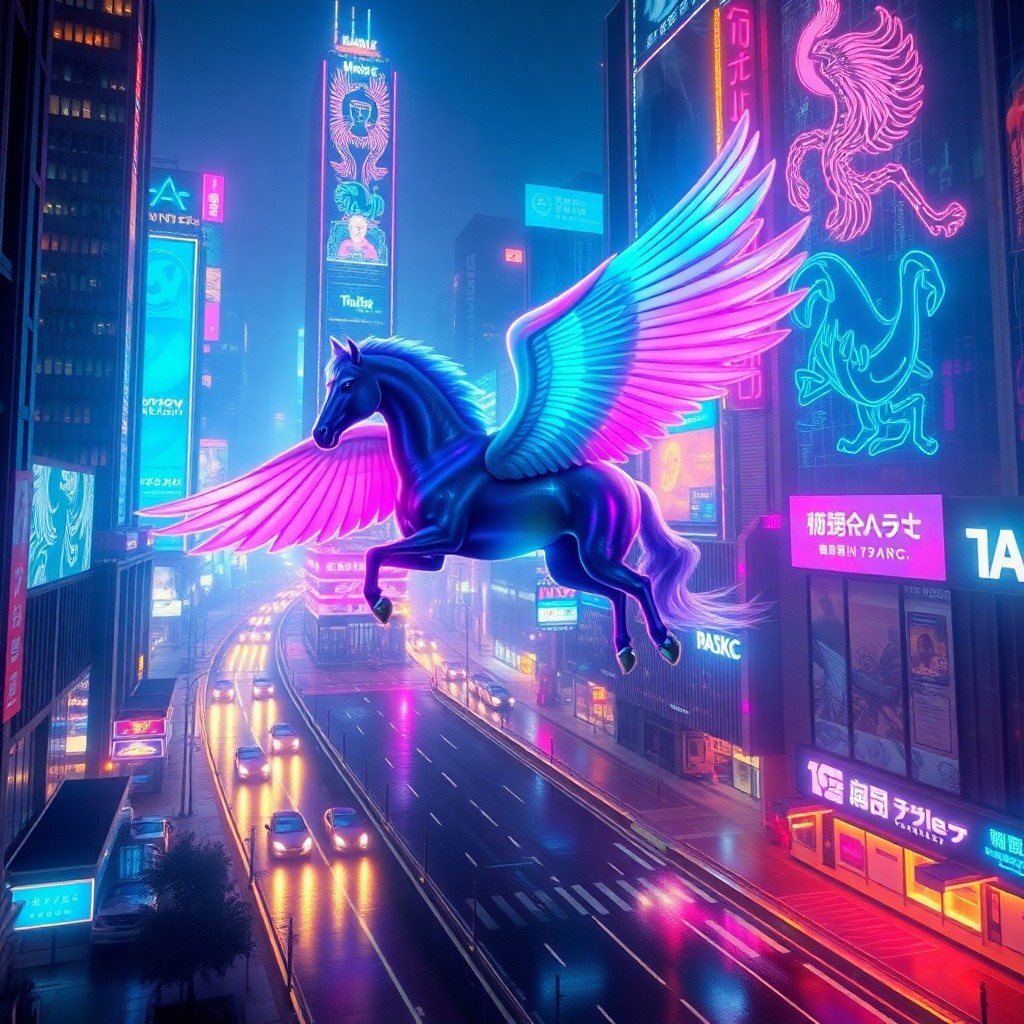 AI generated art for prompt: A dreamlike cyberpunk cityscape at night is captured from the unique vantage point of an iridescent-