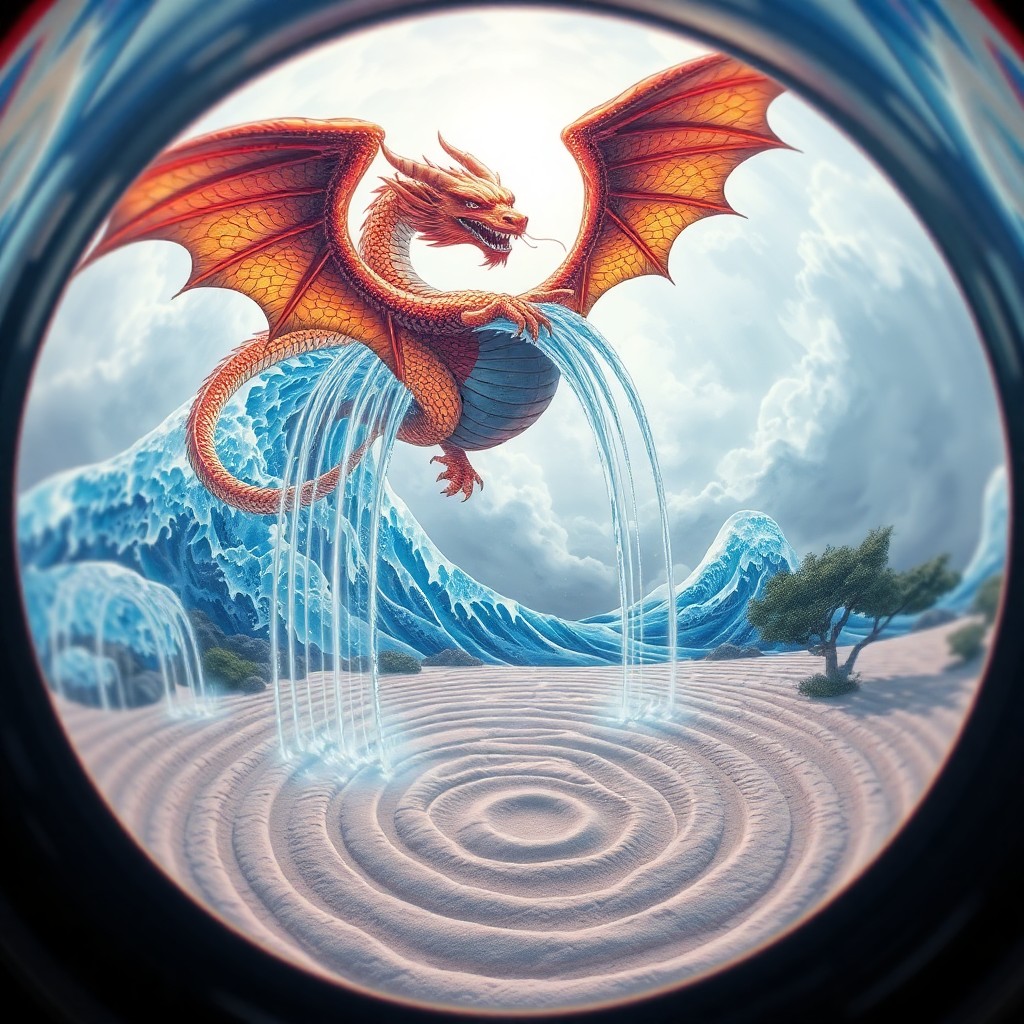 AI generated art for prompt: A captivating digital artwork depicting a majestic dragon soaring above a tranquil Zen garden, viewe