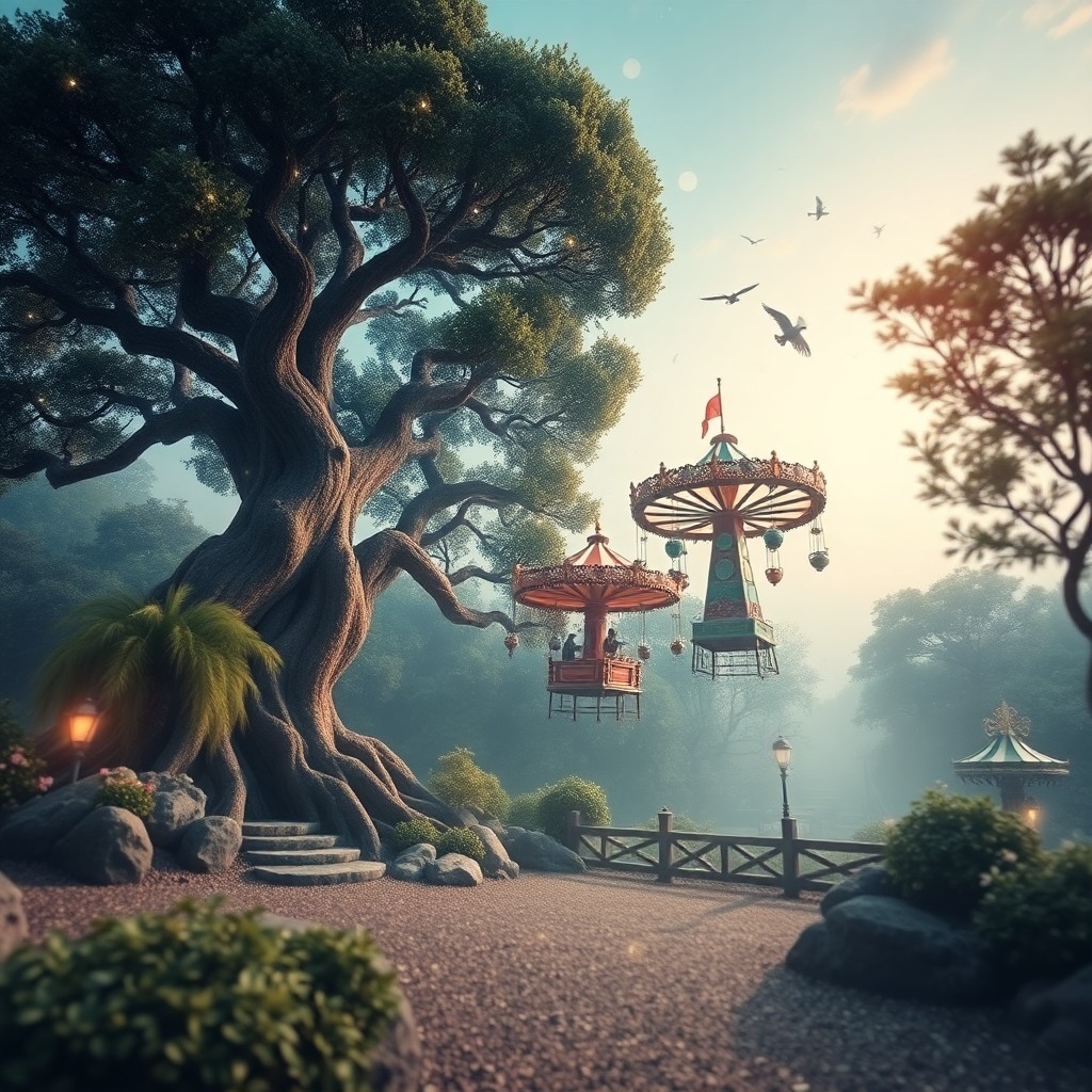 AI generated art for prompt: A serene Zen garden unexpectedly fuses with a playful amusement park in this captivating surrealist 