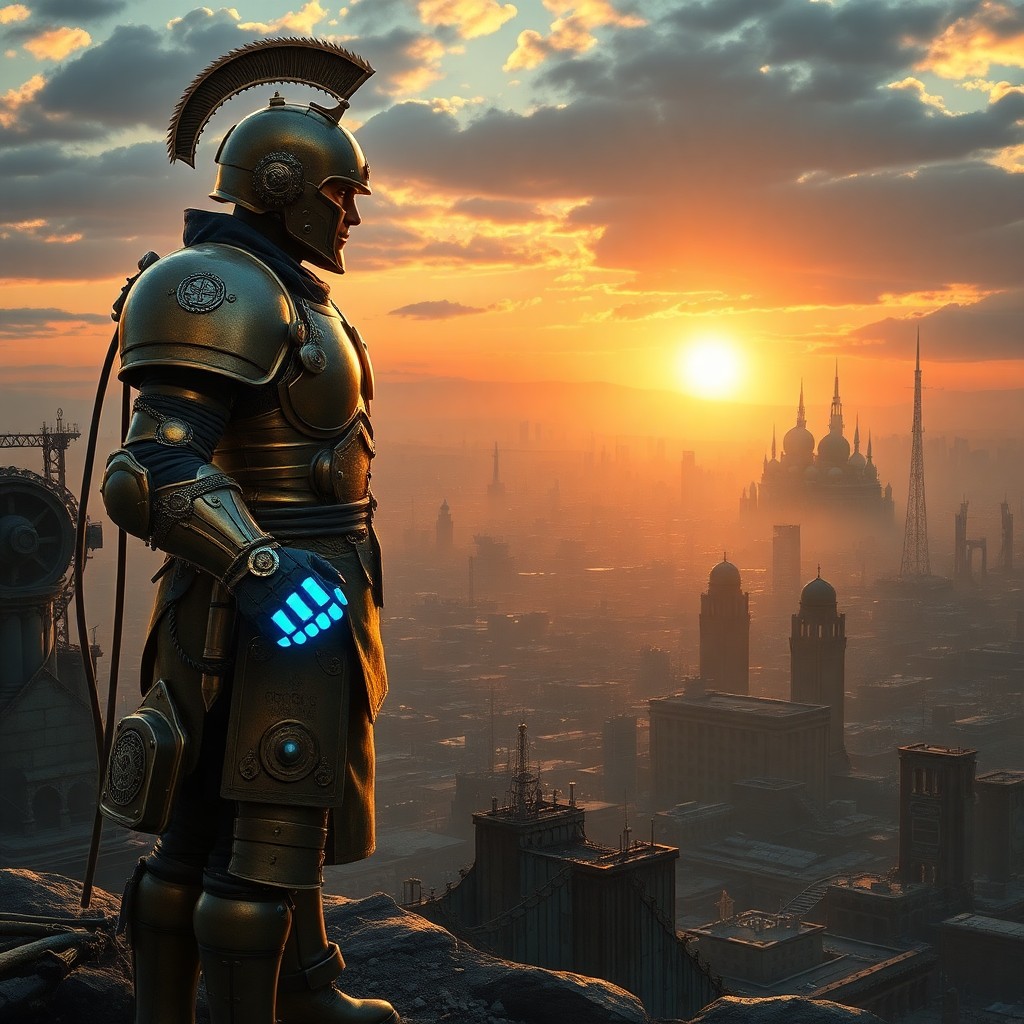 AI generated art for prompt: A steampunk warrior adorned in gleaming brass armor stands vigil over a sprawling urban wasteland, h