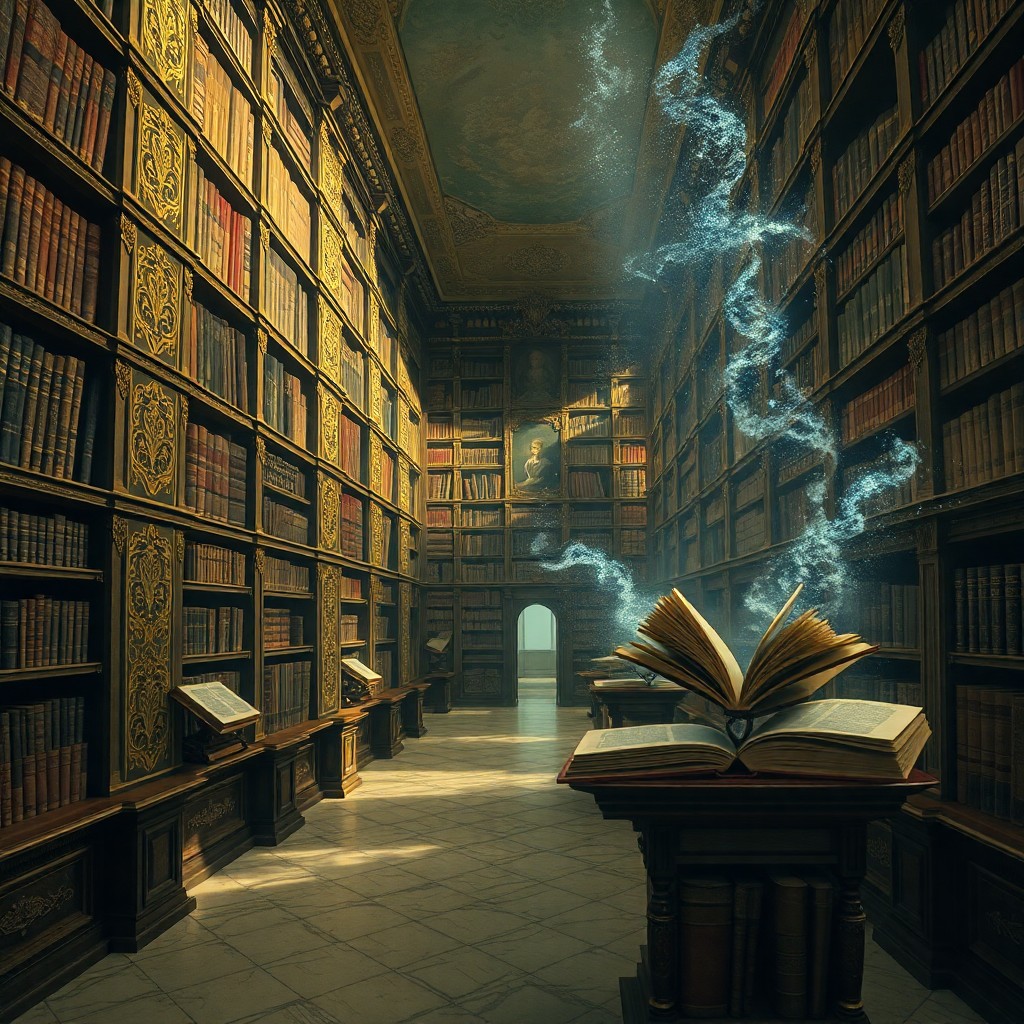 AI generated art for prompt: A surreal library scene is captured in photorealistic detail from an unconventional perspective, rem