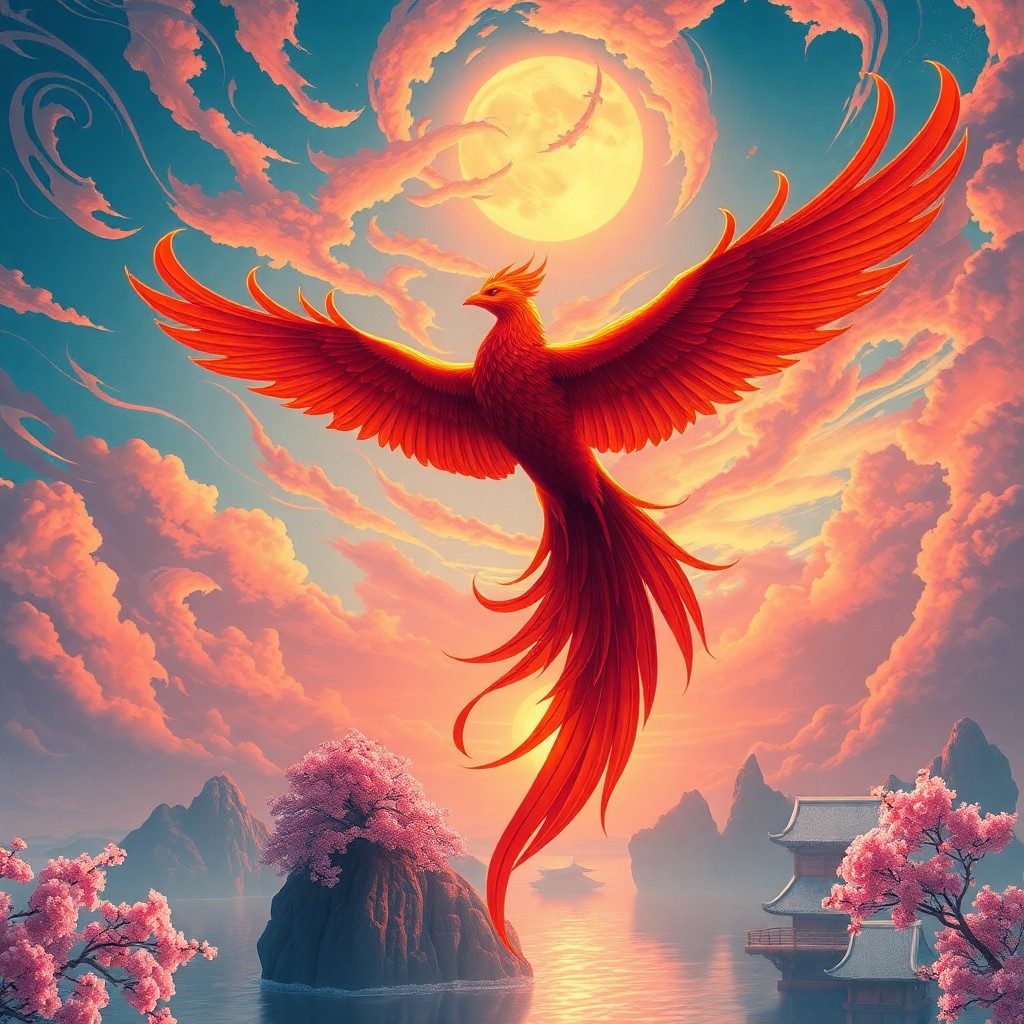 AI generated art for prompt: A mythical phoenix soars upwards from a landscape of floating islands and crystalline waters in an a