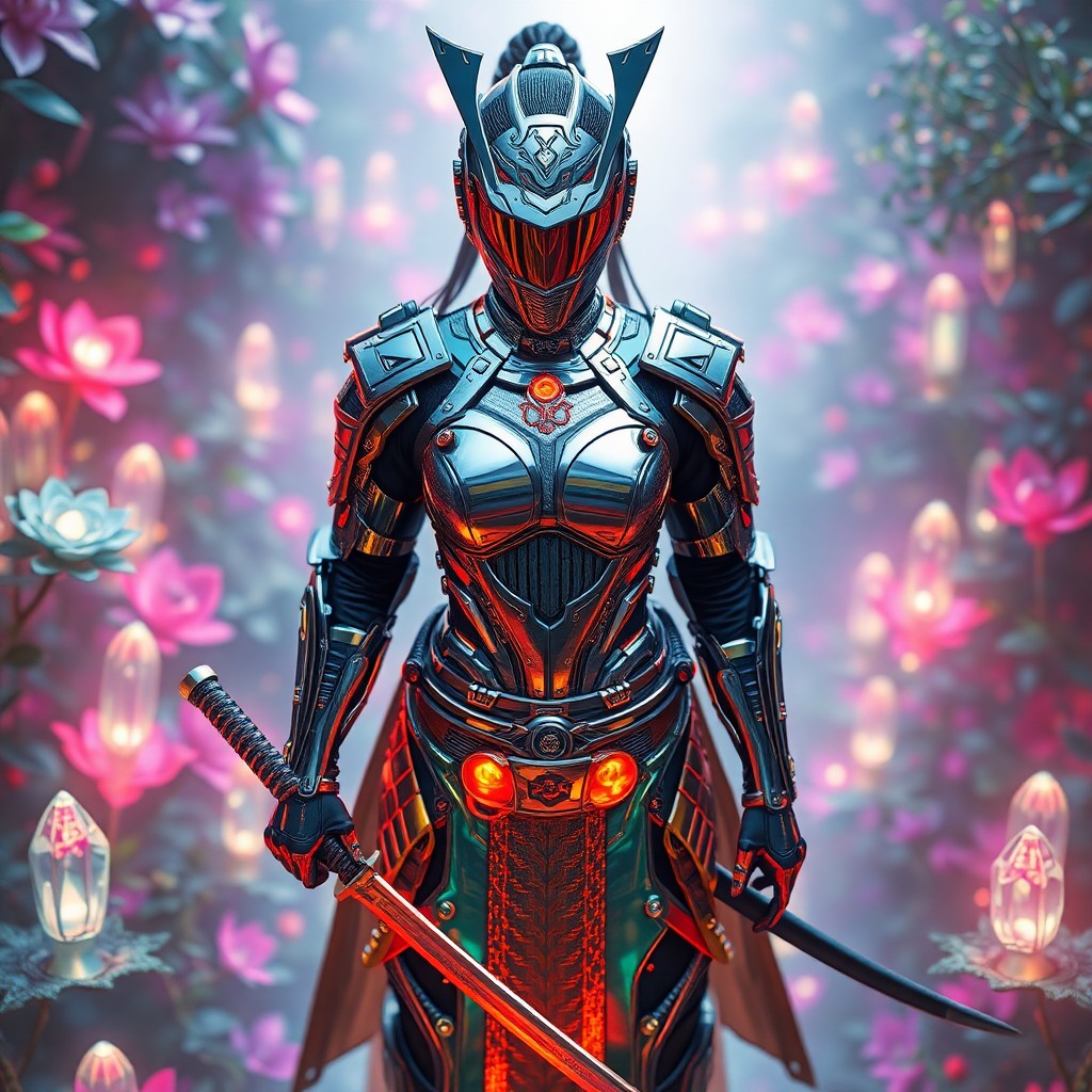 AI generated art for prompt: A cyberpunk samurai warrior stands amidst an ethereal garden, her futuristic katana sheath gleaming 