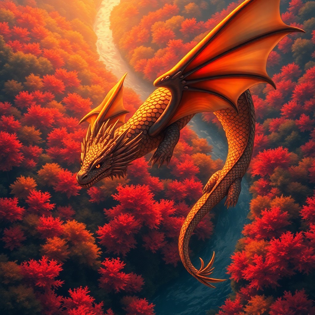 AI generated art for prompt: A mesmerizing aerial view reveals an awe-inspiring dragon in flight above a lush autumn forest, its 