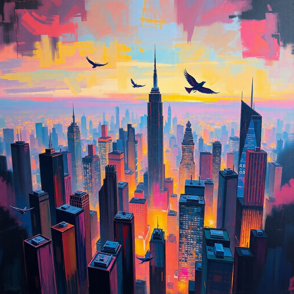 AI generated art for prompt: A dreamlike cityscape emerges in this surreal oil painting at twilight, its towering structures warp