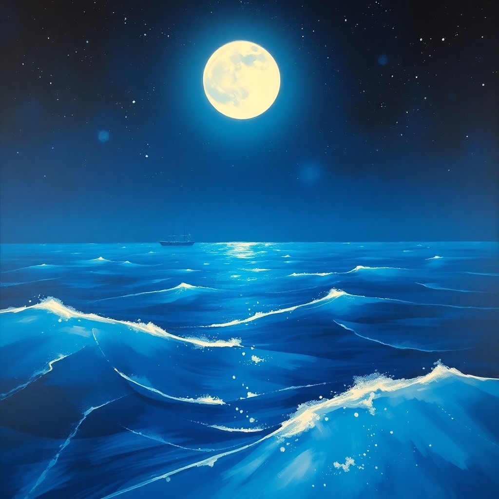 AI generated art for prompt: A dreamlike scene unfolds as the eye gazes upon a tranquil moonlit ocean landscape from an aerial pe