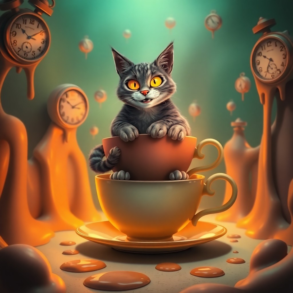 AI generated art for prompt: A whimsical digital art scene features a grinning Cheshire Cat positioned atop an oversized teacup, 