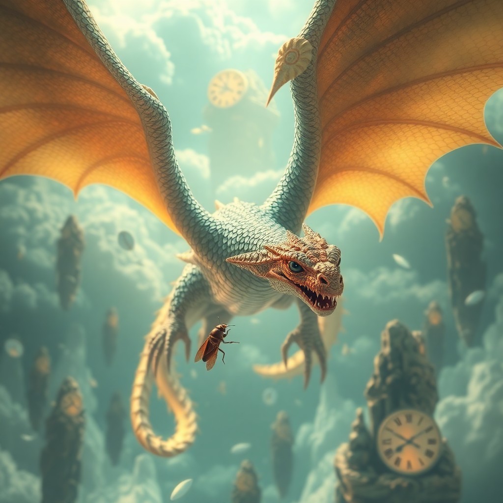 AI generated art for prompt: Envision an enchanting dreamscape where a magnificent dragon with shimmering scales soars through fl