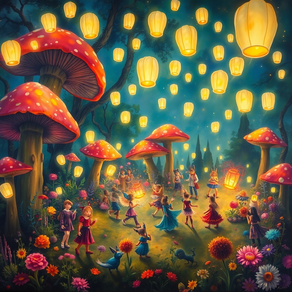 AI generated art for prompt: An enchanting oil painting captures a whimsical woodland gathering where anthropomorphic creatures i