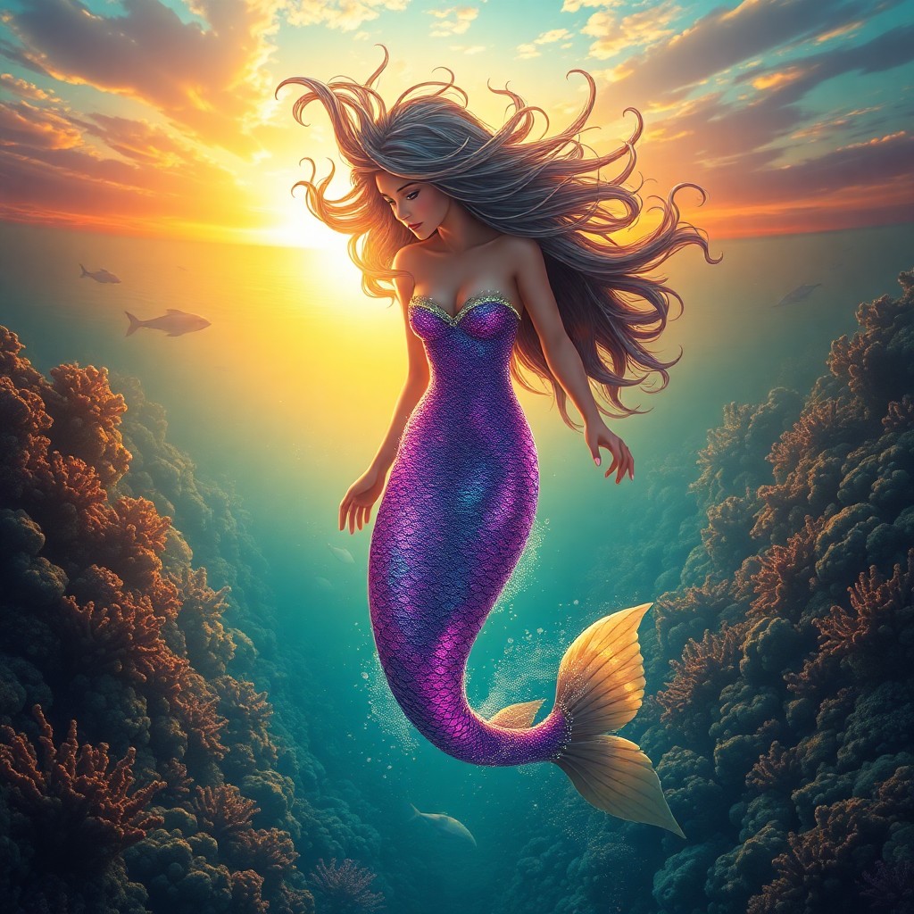 AI generated art for prompt: A captivating digital artwork depicting an alluring mermaid princess emerging from a vast, coral-fil