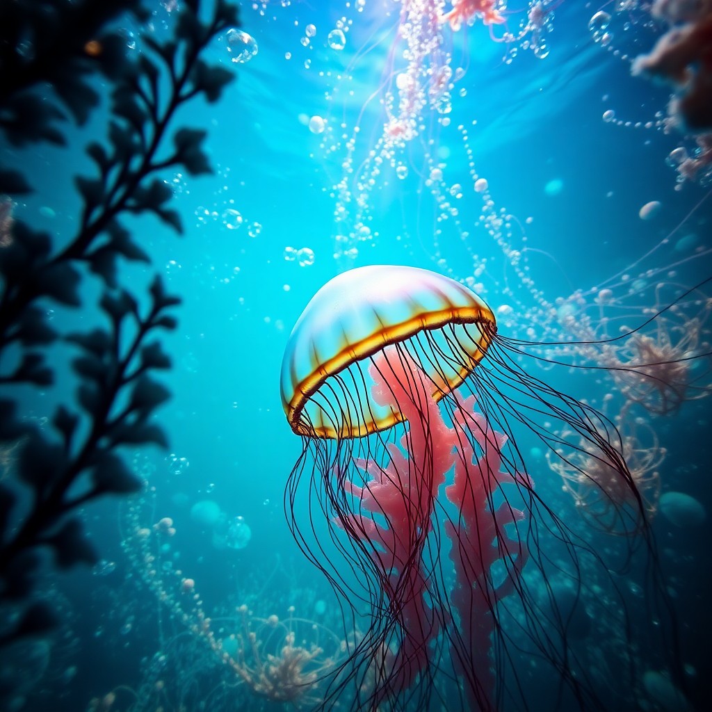 AI generated art for prompt: Imagine an enchanting underwater scene as seen through the eyes of a mesmerizing jellyfish, capturin