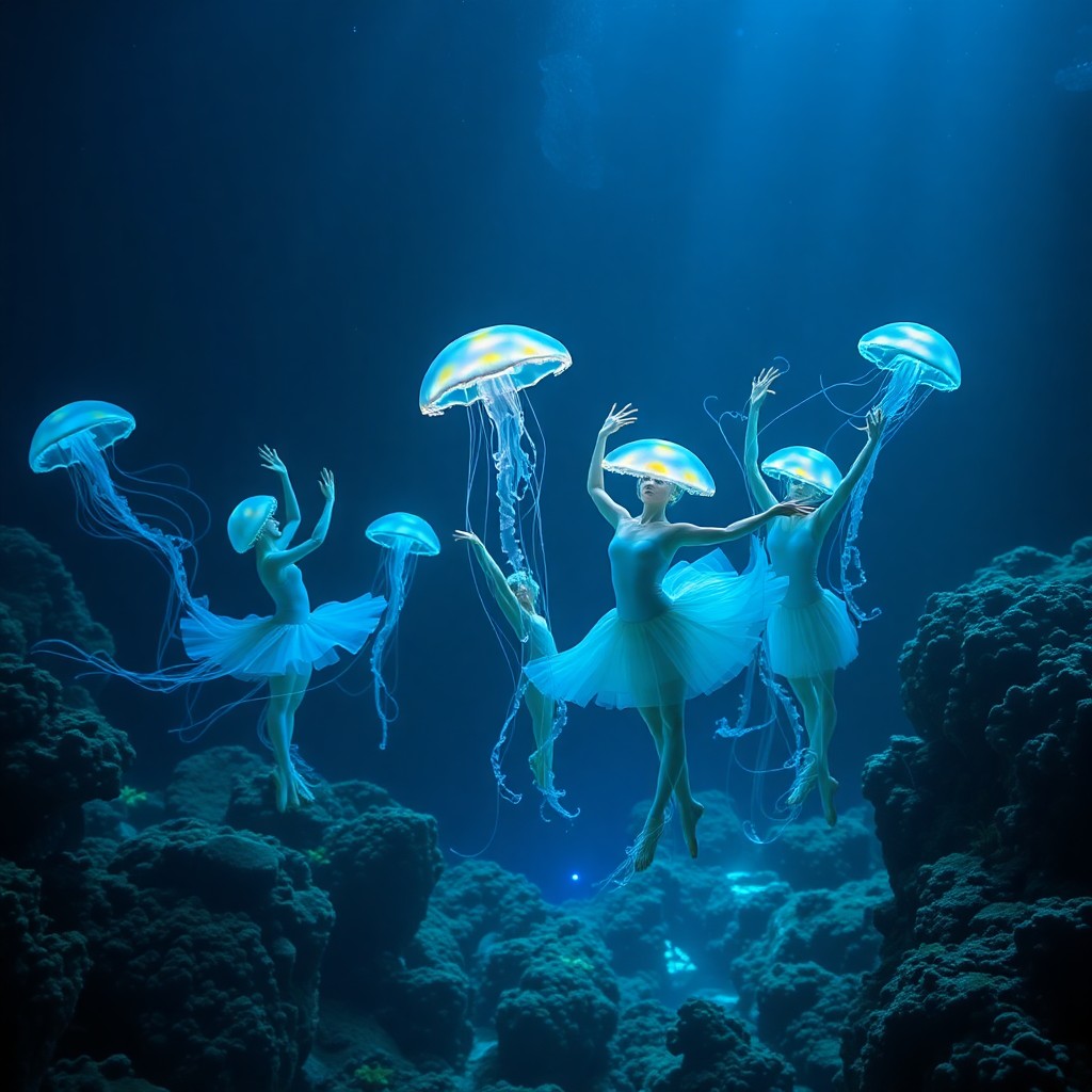 AI generated art for prompt: Craft an image of a surreal underwater ballet, featuring graceful sea creatures performing a choreog