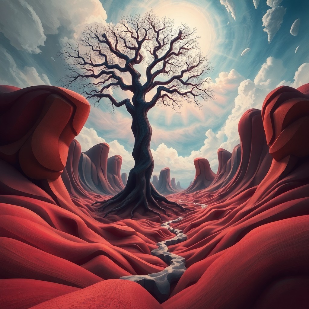 AI generated art for prompt: A surreal digital art scene showcasing an entrancing, otherworldly landscape with a captivating blen