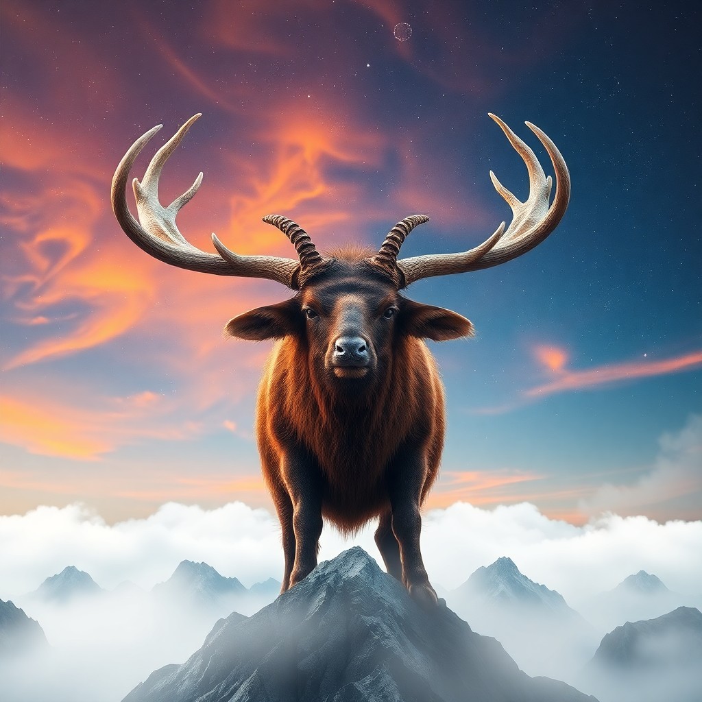 AI generated art for prompt: A majestic creature with antlers resembling cosmic constellations stands atop a misty mountain range