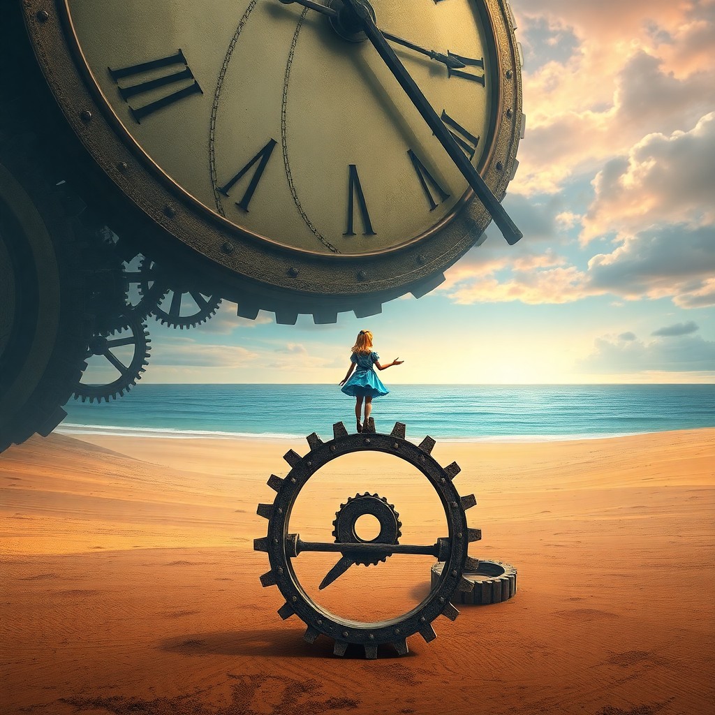 AI generated art for prompt: A surreal dream landscape depicts a towering clock face with intricate gears extending into a barren