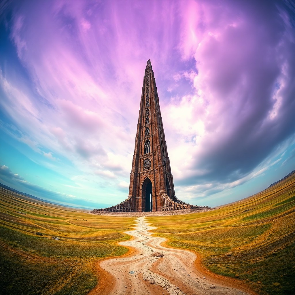 AI generated art for prompt: In the surrealistic vein of dreamlike landscapes, envision a colossal tower distorted by an unconven